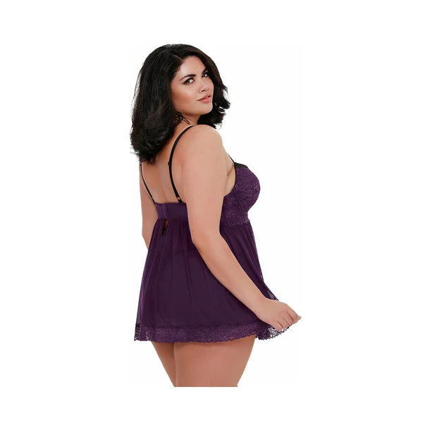 Dreamgirl Stretch Mesh and Lace Babydoll Plum Queen 1X Hanging